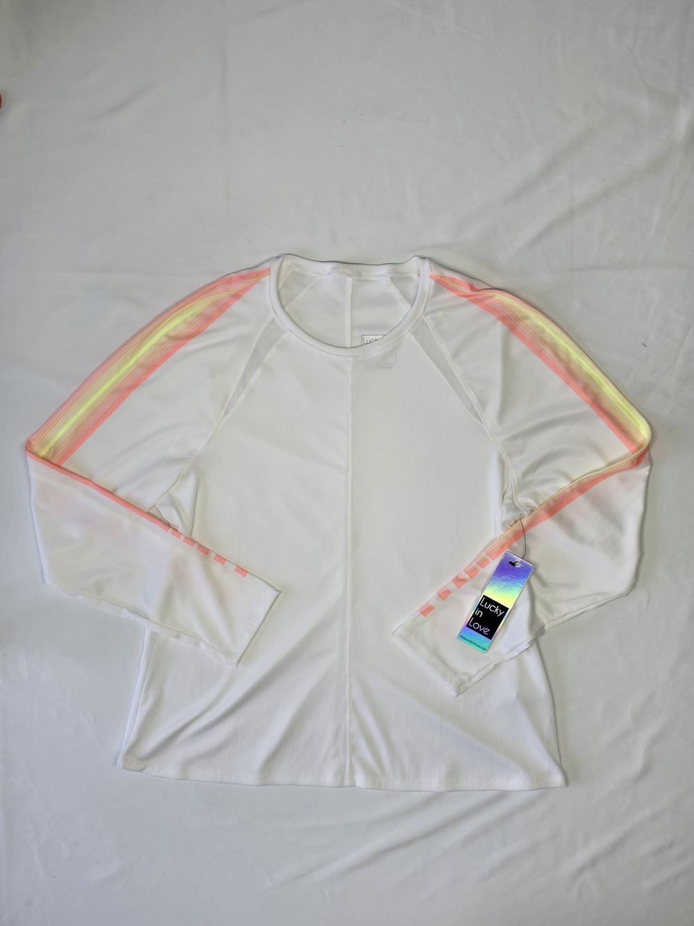 Lucky in Love VaporTex Neon Stripe Long Sleeve Activewear Top White XL NWT